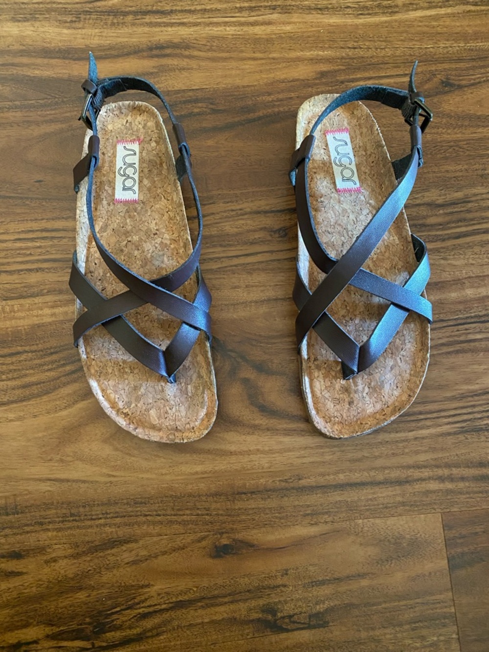 Sugar Ellexa Brown Cork Footbed Strappy Women's Sandals. EUC